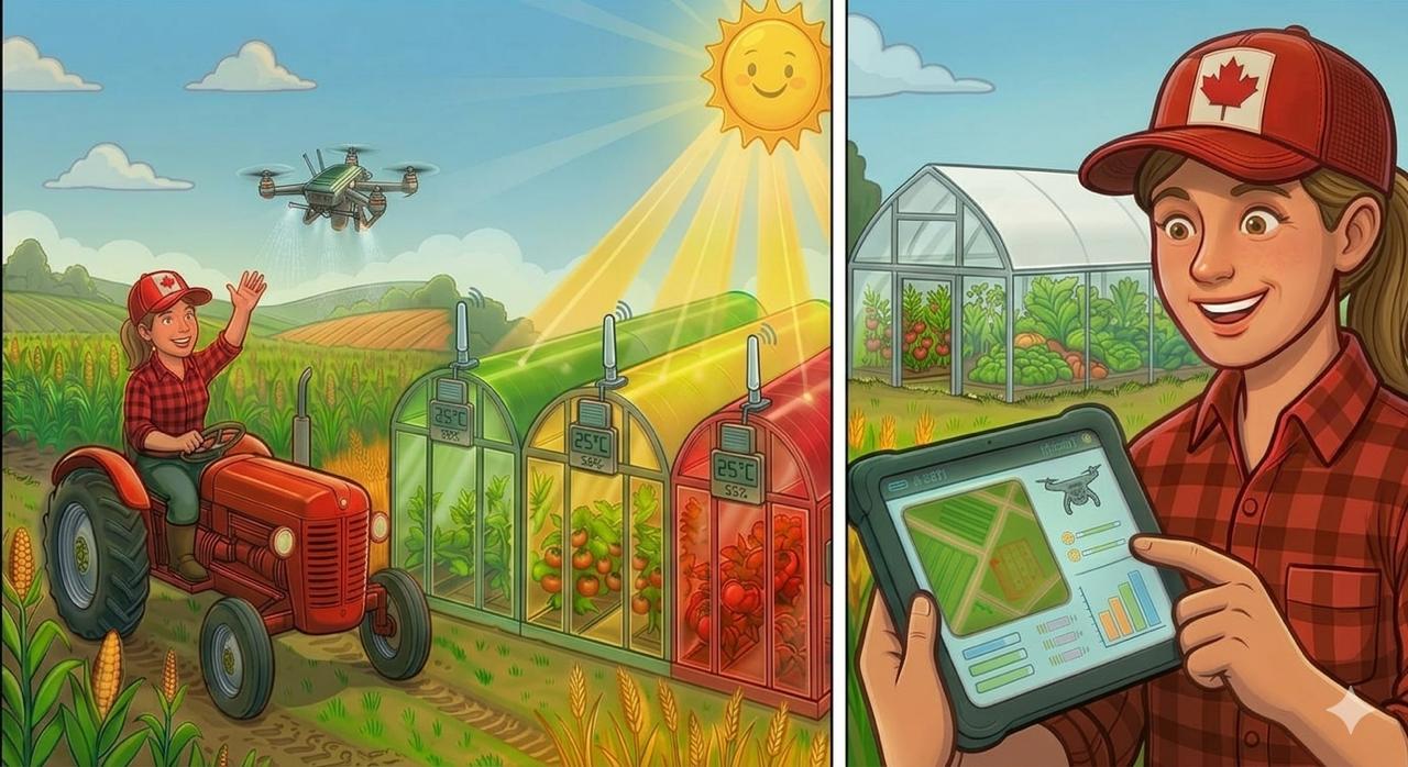 A grower waves from a tractor beside a greenhouse roofed with a rainbow spectral coating; a second panel shows the grower reviewing field data on a tablet.